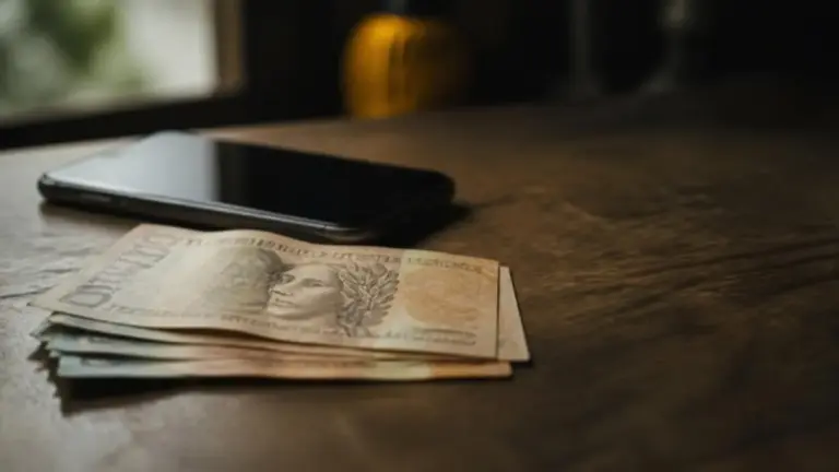 Notas de real ao lado de um celular sobre a mesa, ilustrando a inadimplência dos bancos digitais