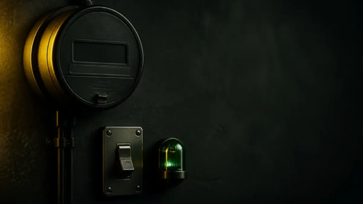 Medidor de energia e interruptor ao lado de uma luz verde, ilustrando a bandeira verde da conta de luz em novembro