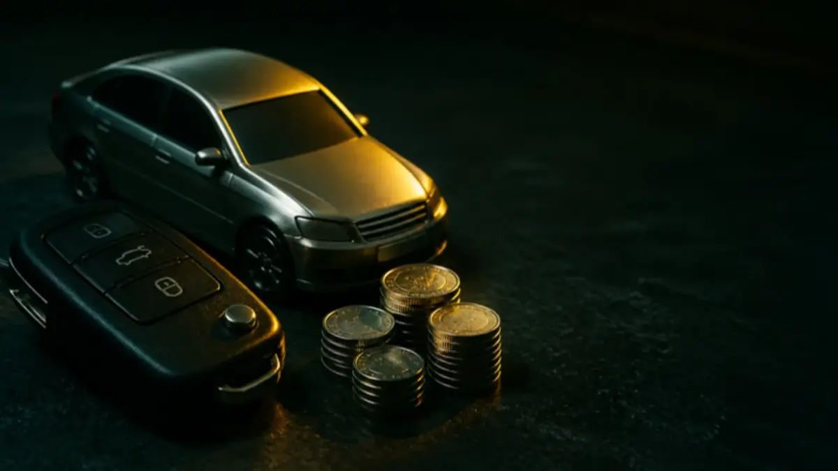 Carro sedan em miniatura, chave e moedas de metal sobre ardósia escura, ilustrando o financiamento de carro novo para motoristas de aplicativo e taxistas