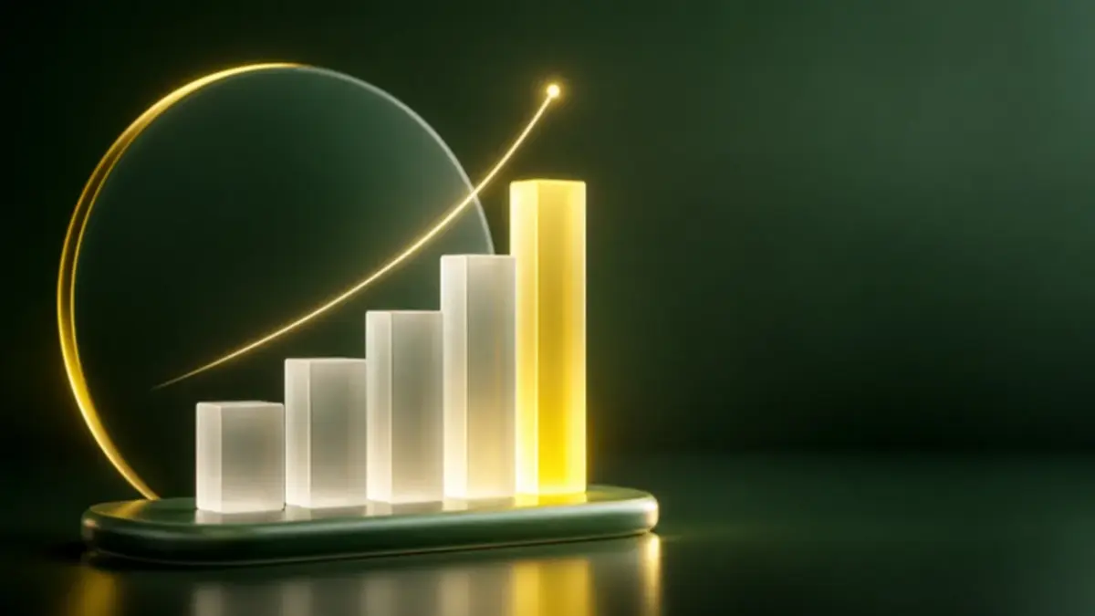 Barras de vidro em escada com uma barra amarela e uma curva de luz, ilustrando a decisão do Copom sobre a Selic e o crédito da empresa