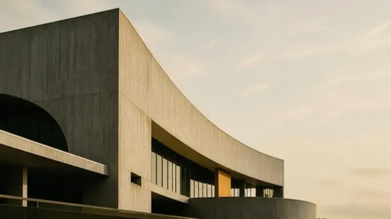 Prédio público modernista de concreto com fachada curva, ilustrando a Emenda Constitucional 141 de 2026