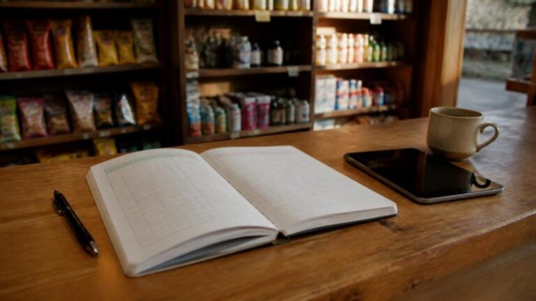 Balcão de madeira de uma loja de bairro com caderno aberto de escala de horários, tablet e xícara de café