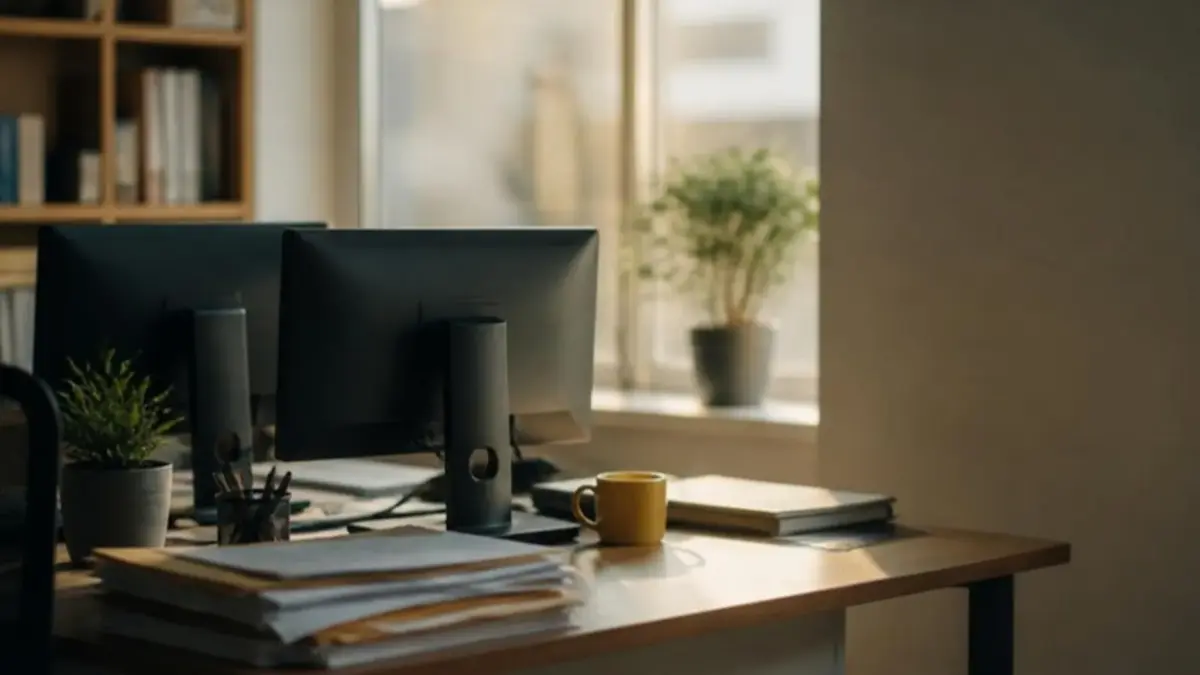 Escritório pequeno com monitores vistos de trás e pastas sobre a mesa, ilustrando o comparativo de ERPs para pequena empresa