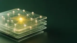 Rede de pontos de luz sobre folhas de vidro com grade de planilha, ilustrando o uso de IA nas tarefas do escritório contábil
