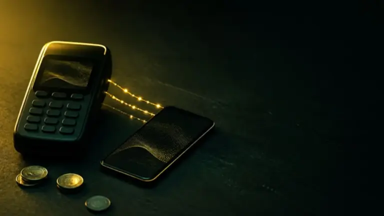 Maquininha preta e celular sobre mesa escura ligados por fios de luz, ilustrando o rastreio em camadas do MED do Pix
