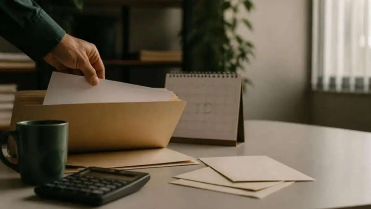 Mesa de escritório de contabilidade com pasta, calendário e calculadora, ilustrando o prazo de regularização da opção pelo Simples Nacional