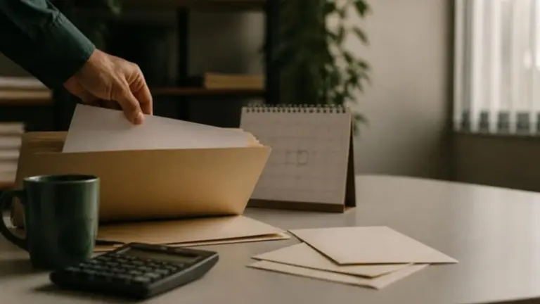 Mesa de escritório de contabilidade com pasta, calendário e calculadora, ilustrando o prazo de regularização da opção pelo Simples Nacional