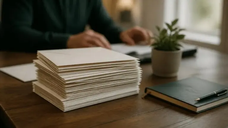 Pilha de envelopes sobre mesa de escritório ao lado de caderno e planta, ilustrando as cartas da Receita sobre a malha fina do IRPF