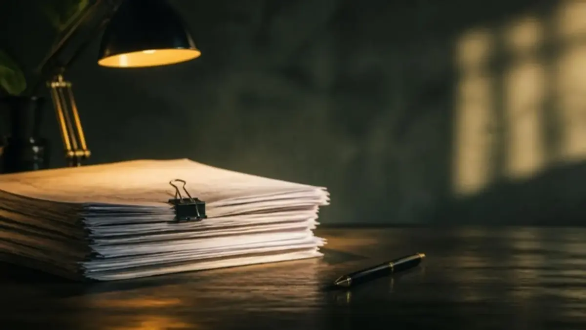 Notas fiscais presas por um clipe sob a luz de uma luminária, ilustrando o vencimento de PIS, Cofins e IPI