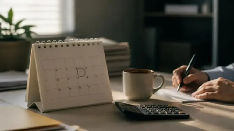 Mesa de escritório contábil com calendário de mesa, calculadora e mão anotando o prazo do imposto