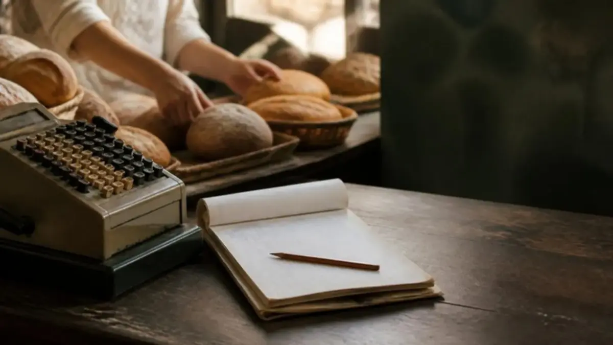 Balcão de uma padaria pequena com caixa registradora e caderno, ilustrando a opção do Simples pelo regime regular de IBS e CBS