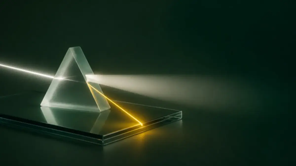 Prisma de vidro dividindo um feixe de luz em dois, ilustrando a separação de IBS e CBS no split payment